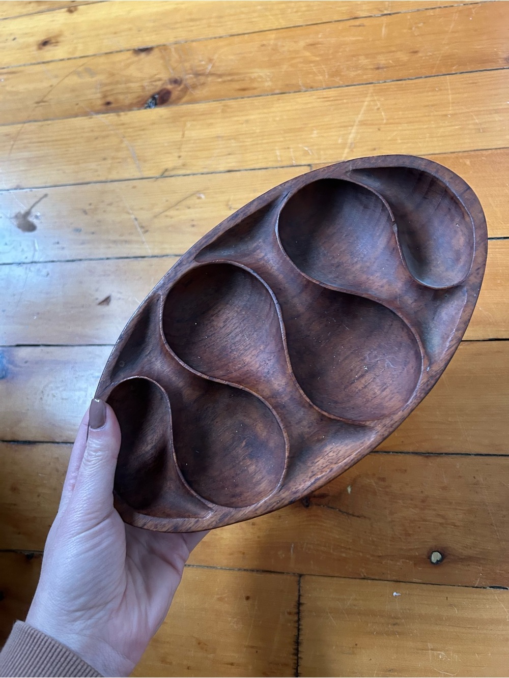 Mid Century Modern Wood Snack Dip Tray teal oval platter vintage